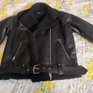 Zara Black Leather Jacket with Shearling Trim